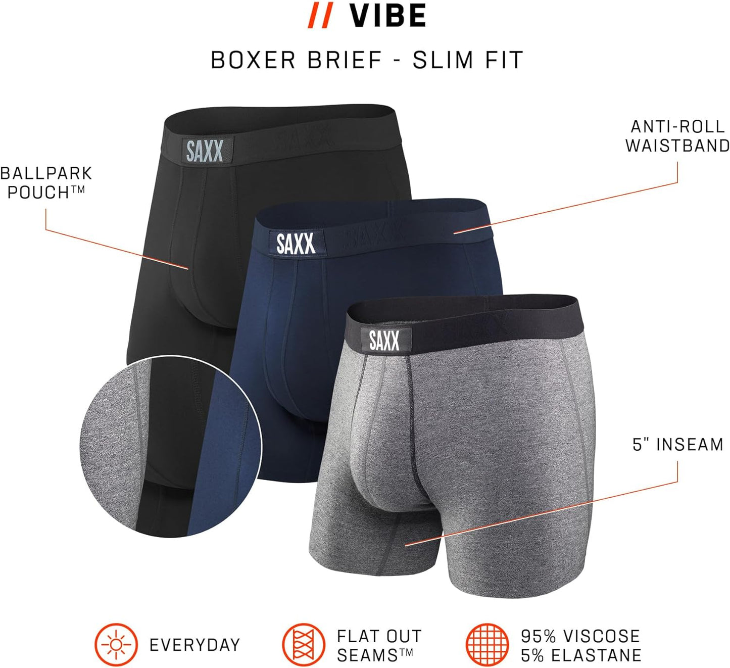Men'S Vibe Super Soft Boxer Briefs with Built-In Pouch Support - 3 Pack