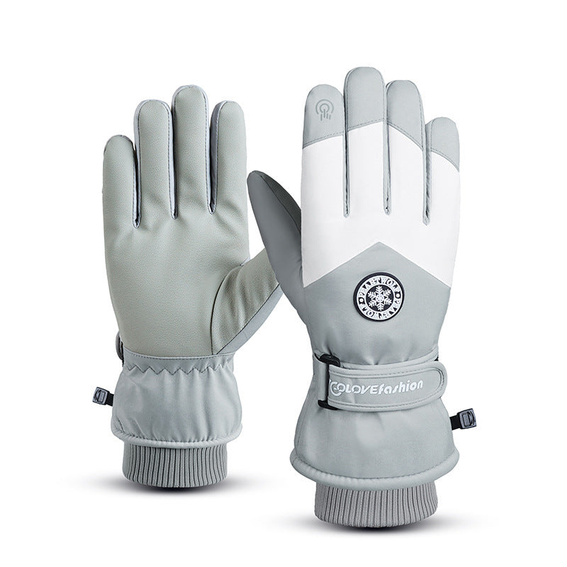 Dark gray-white winter gloves with secure fit