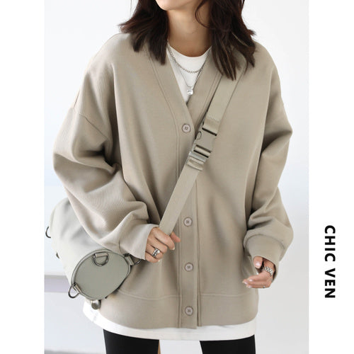 Korean Autumn Winter Women’s Sports Coat - Thick Warm V-neck Sweatshirt in casual, loose fit design for office and casual wear