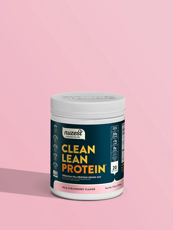 Clean Lean Protein – Premium European Golden Pea Protein Powder, vegan-friendly and gluten-free, with 20g protein per serving. Strawberry flavor.