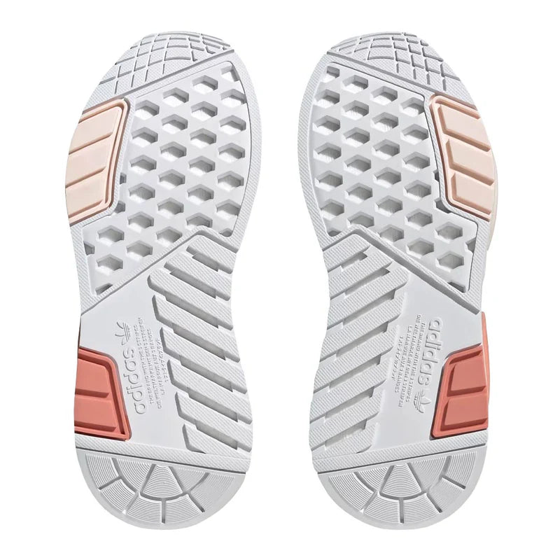 Women’s pink and white knit sneakers with BOOST midsole and recycled materials