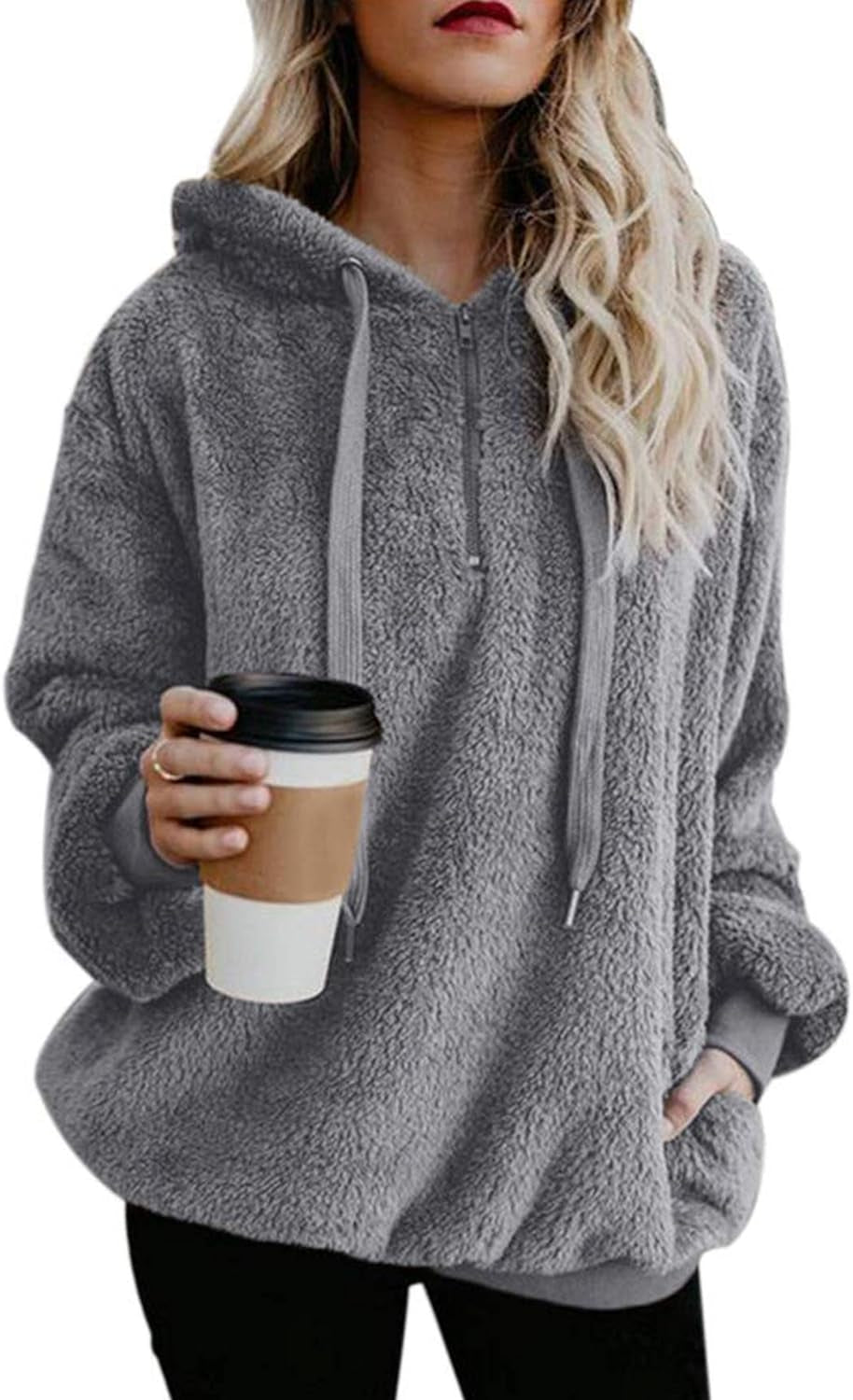Womens Athletic Fuzzy Hoodies Sherpa Pullover Hoodie for Women Zip Oversized Plush Hoodie with Pockets