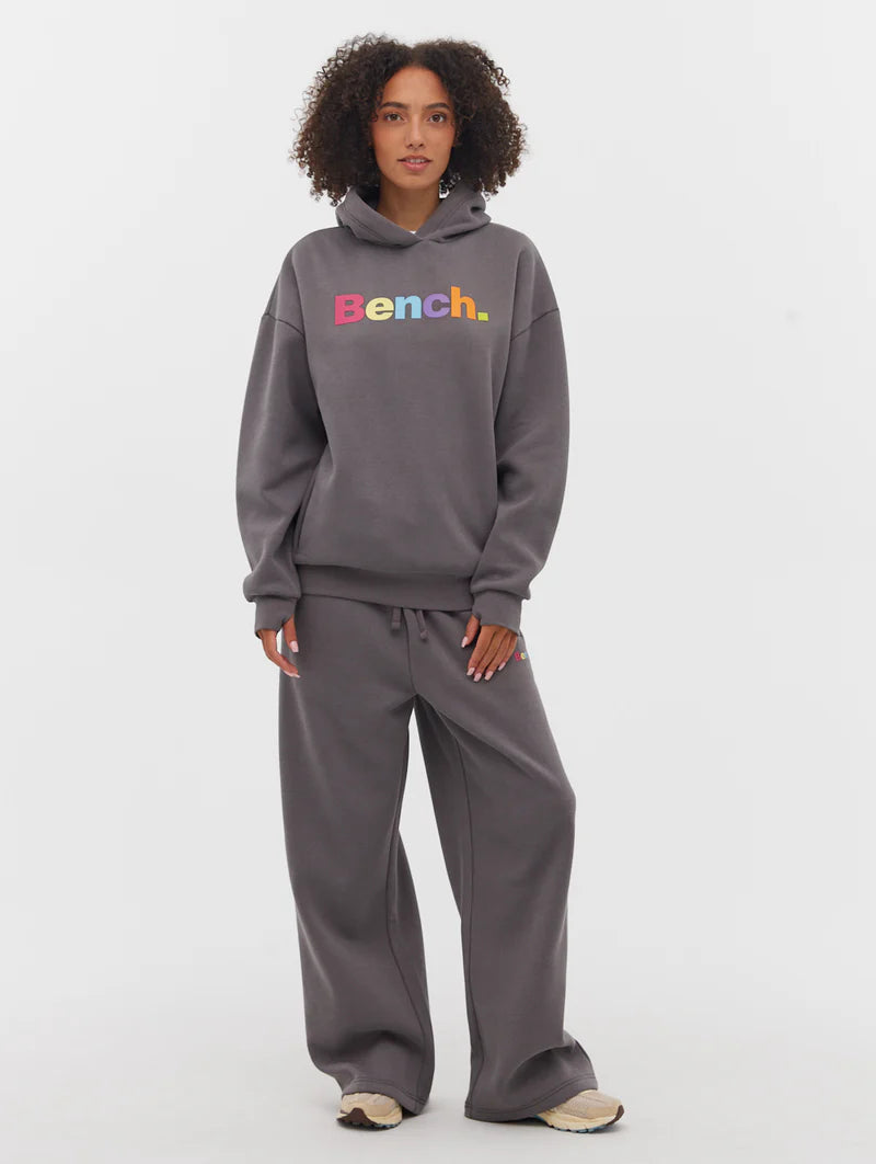 Front view of Bench Amity Puff Print Oversized Hoodie with multicolor logo and ribbed cuffs with thumbholes