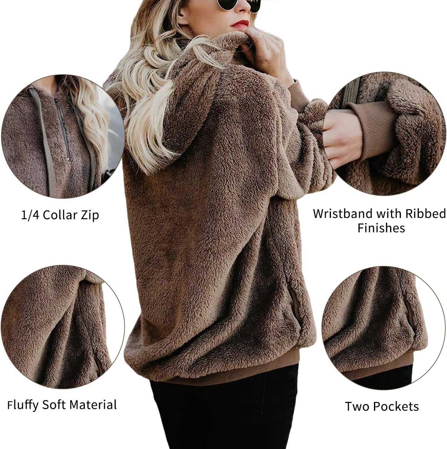 Womens Athletic Fuzzy Hoodies Sherpa Pullover Hoodie for Women Zip Oversized Plush Hoodie with Pockets