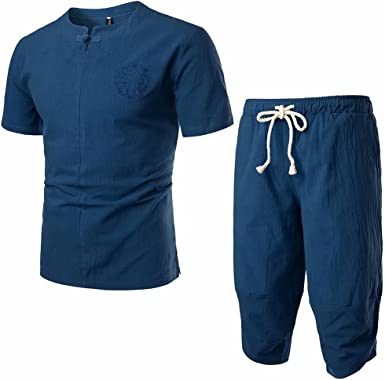 Men's Embroidered Short Sleeved T-shirt and Cropped Trousers Two-piece suit