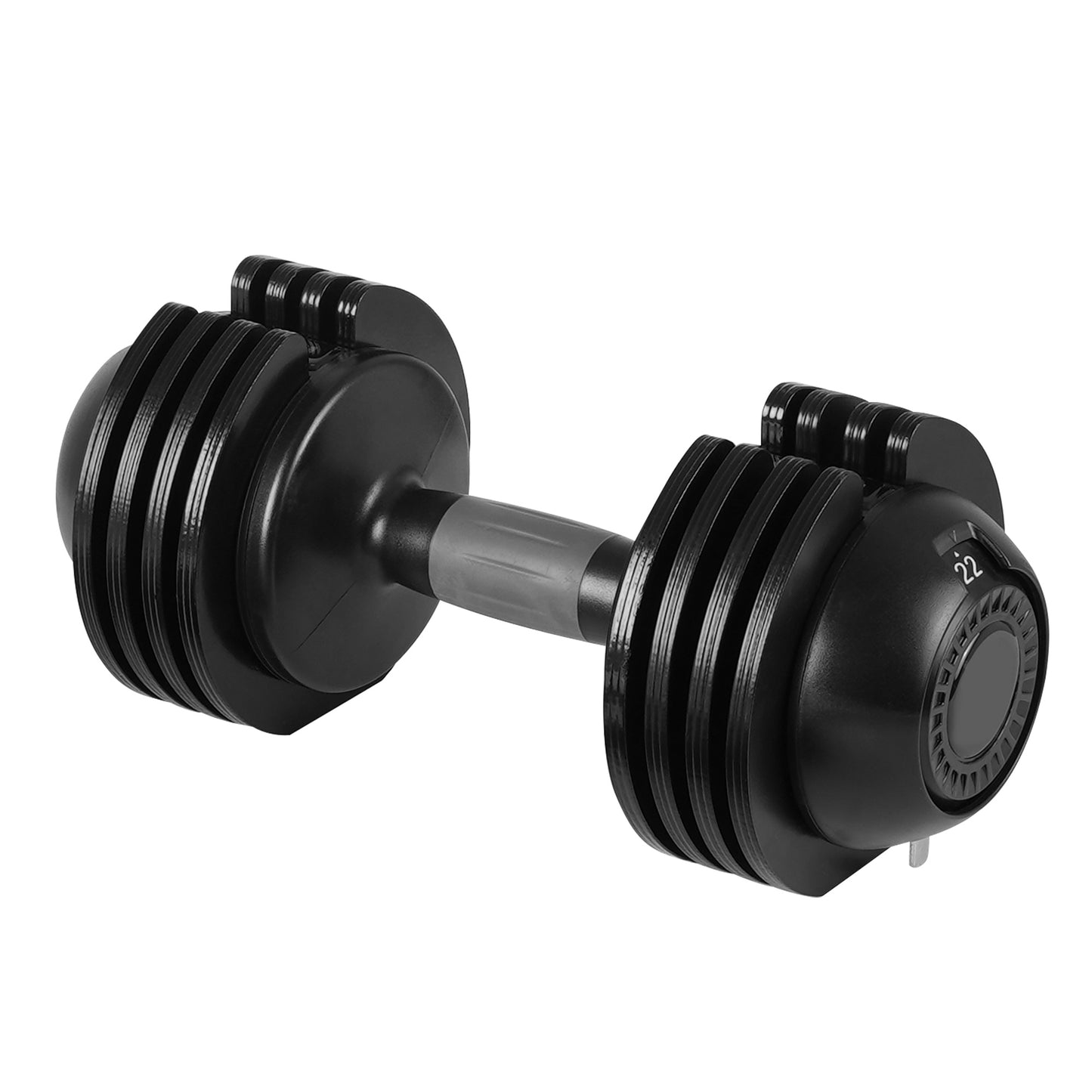 Black adjustable steel dumbbell with easy weight adjustment knob, perfect for strength and stamina training