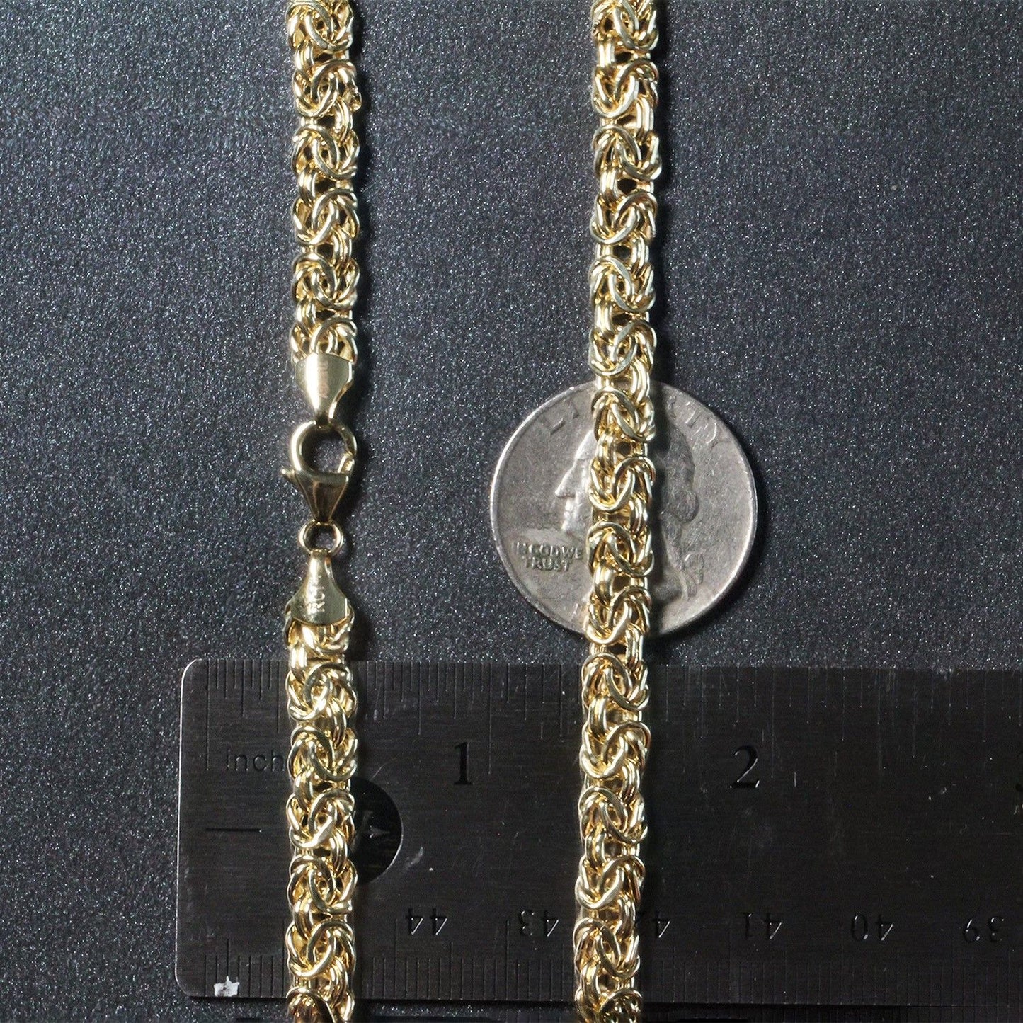Close-up of 14K Yellow Gold Byzantine Chain Necklace with Lobster Lock, 18 Inches Long