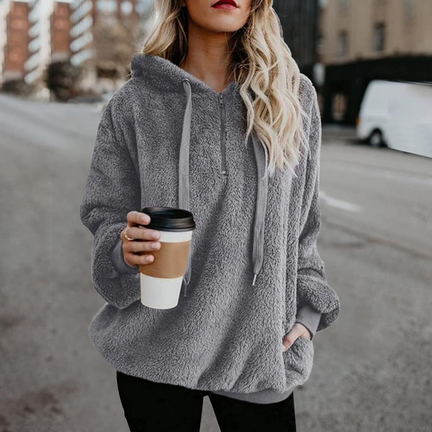 Womens Athletic Fuzzy Hoodies Sherpa Pullover Hoodie for Women Zip Oversized Plush Hoodie with Pockets