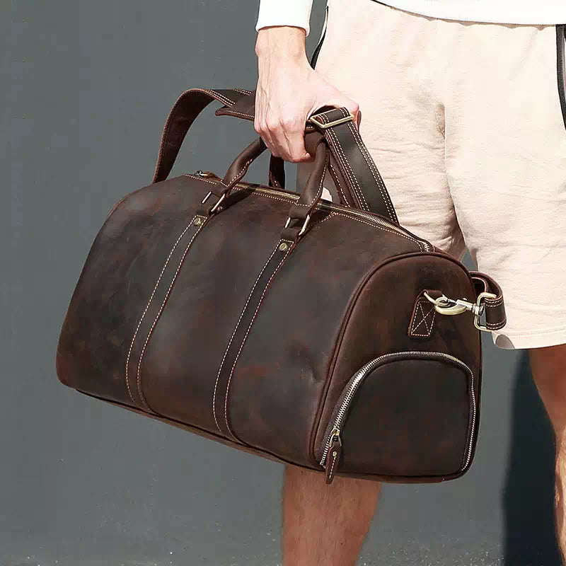 Bjarke Weekender leather bag featuring durable crazy horse leather and a spacious interior for travel essentials.