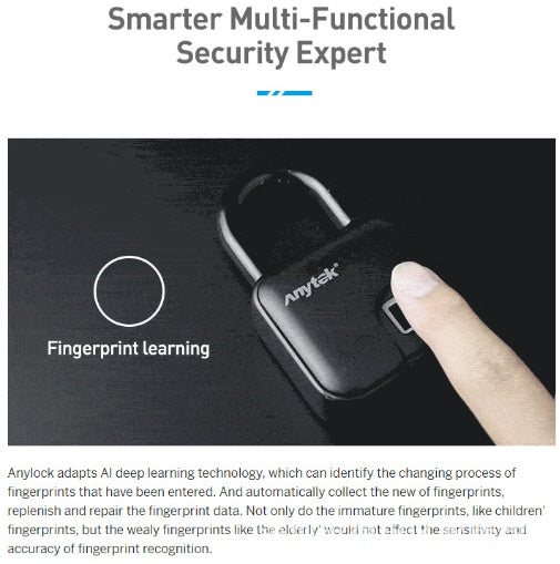 ANYTEK intelligent fingerprint padlock - IP65 waterproof and dustproof design, zinc alloy body, and 10 fingerprint storage capacity.