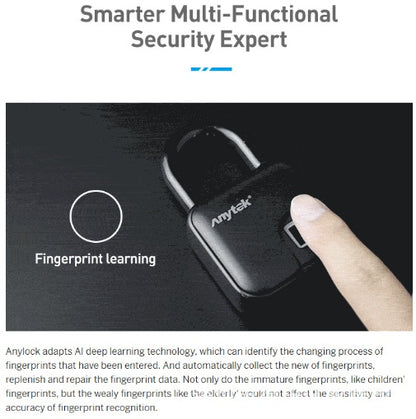 ANYTEK intelligent fingerprint padlock - IP65 waterproof and dustproof design, zinc alloy body, and 10 fingerprint storage capacity.