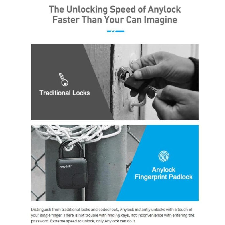 ANYTEK intelligent fingerprint padlock - IP65 waterproof and dustproof design, zinc alloy body, and 10 fingerprint storage capacity.