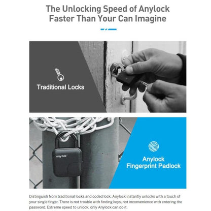 ANYTEK intelligent fingerprint padlock - IP65 waterproof and dustproof design, zinc alloy body, and 10 fingerprint storage capacity.