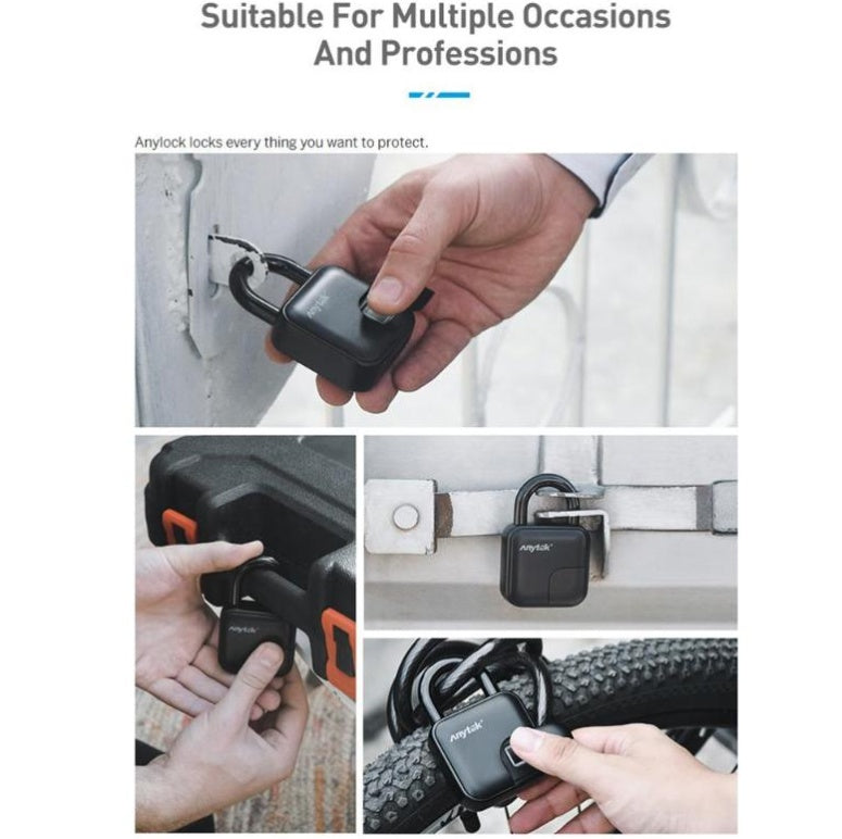 ANYTEK intelligent fingerprint padlock - IP65 waterproof and dustproof design, zinc alloy body, and 10 fingerprint storage capacity.