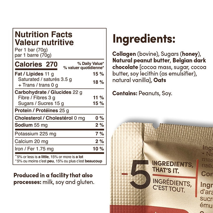 Peanut Butter Cup Collagen Protein Bars – High-quality protein bars made with 5 simple ingredients. Nutrition Facts.
