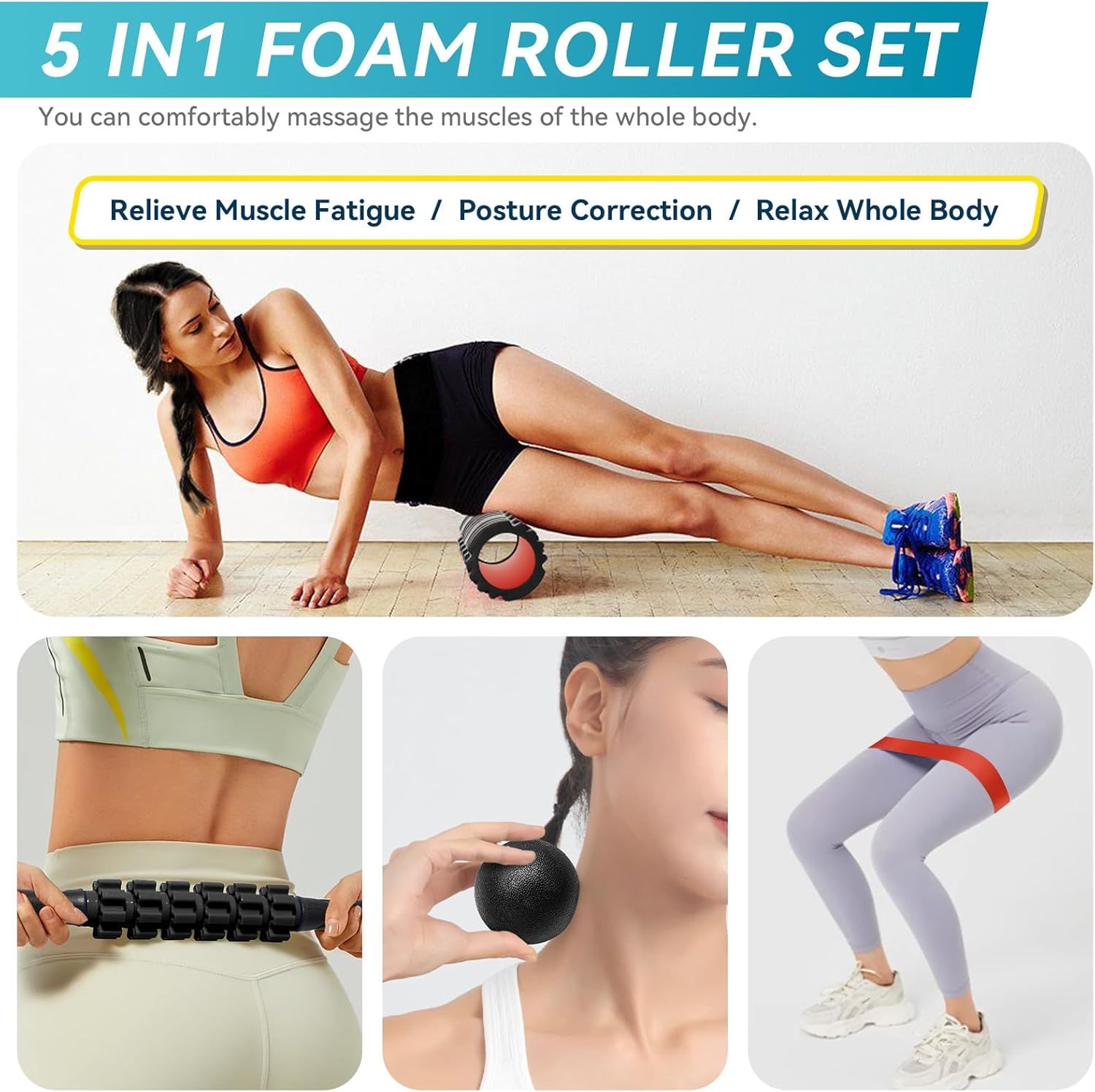 5-in-1 Foam Roller Muscle Massage Set with foam roller, muscle roller stick, massage ball, stretching band, and mesh carry bag