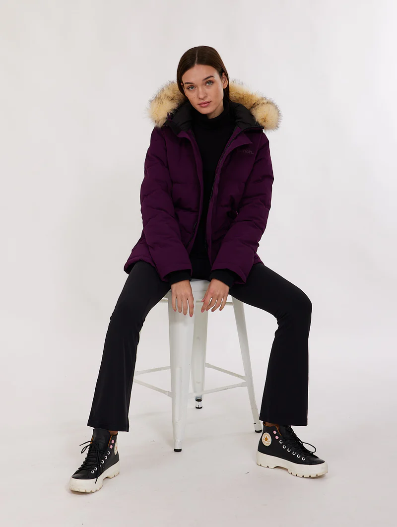 Front view of the Bench Eco-Friendly Jacket with recycled polyester and faux fur hood - Purple Color