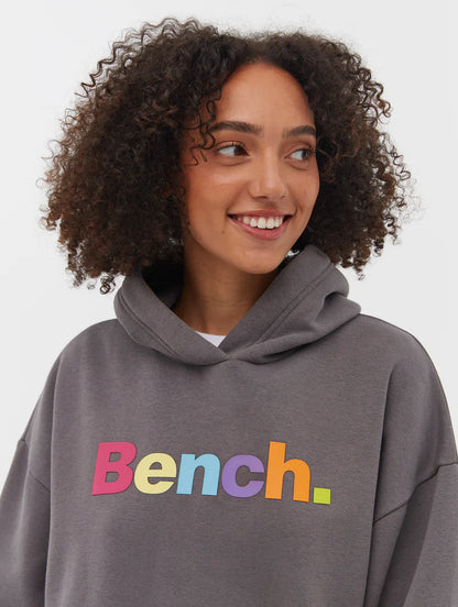 Front view of Bench Amity Puff Print Oversized Hoodie with multicolor logo and ribbed cuffs with thumbholes