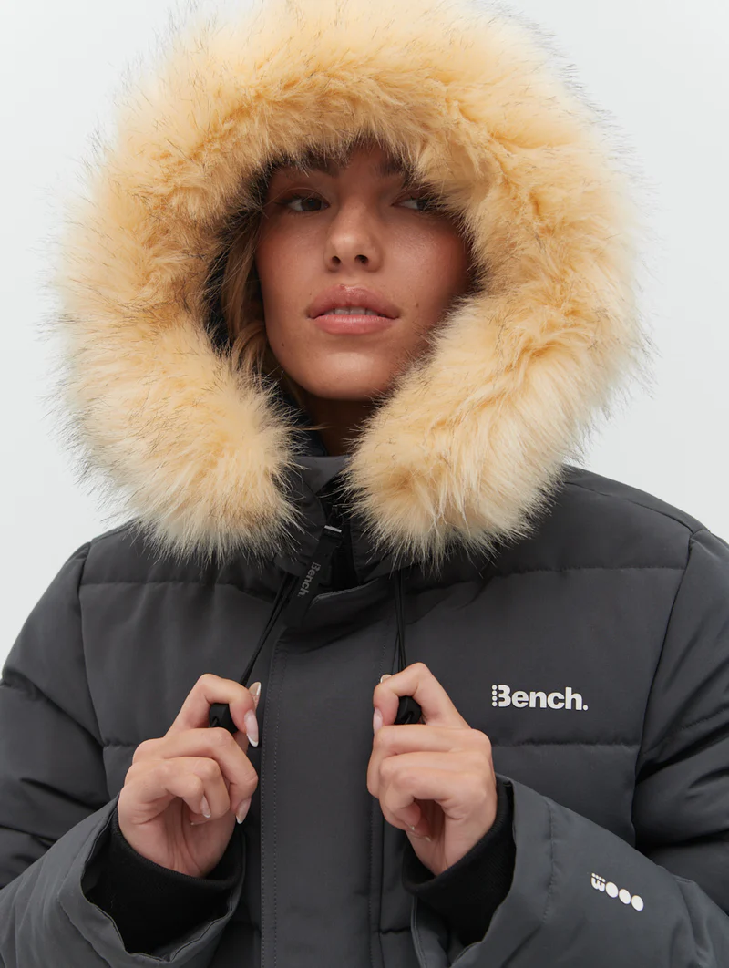 Close-up of the faux fur trimmed hood on the Eco-Friendly Jacket from Bench