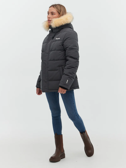 Close-up of the faux fur trimmed hood on the Eco-Friendly Jacket from Bench