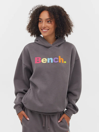 Front view of Bench Amity Puff Print Oversized Hoodie with multicolor logo and ribbed cuffs with thumbholes