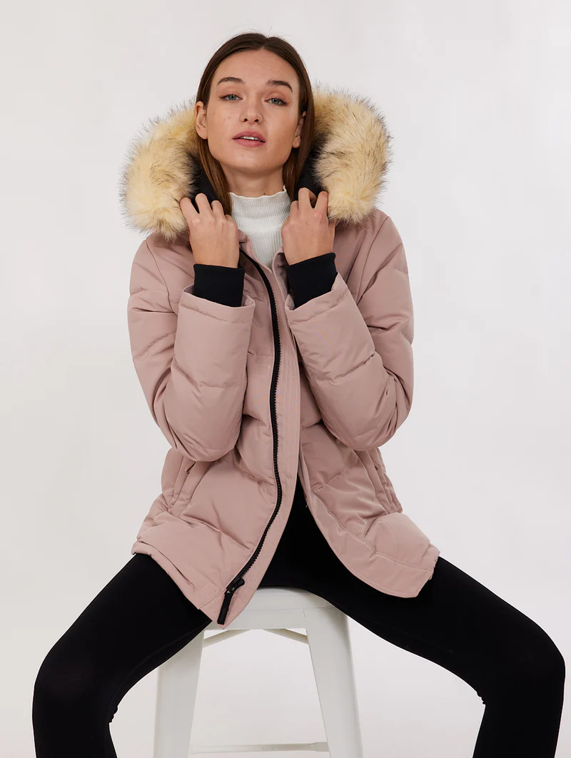Front view of the Bench Eco-Friendly Jacket with recycled polyester and faux fur hood - Pink Color