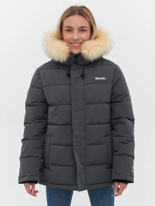 Front view of the Bench Eco-Friendly Jacket with recycled polyester and faux fur hood