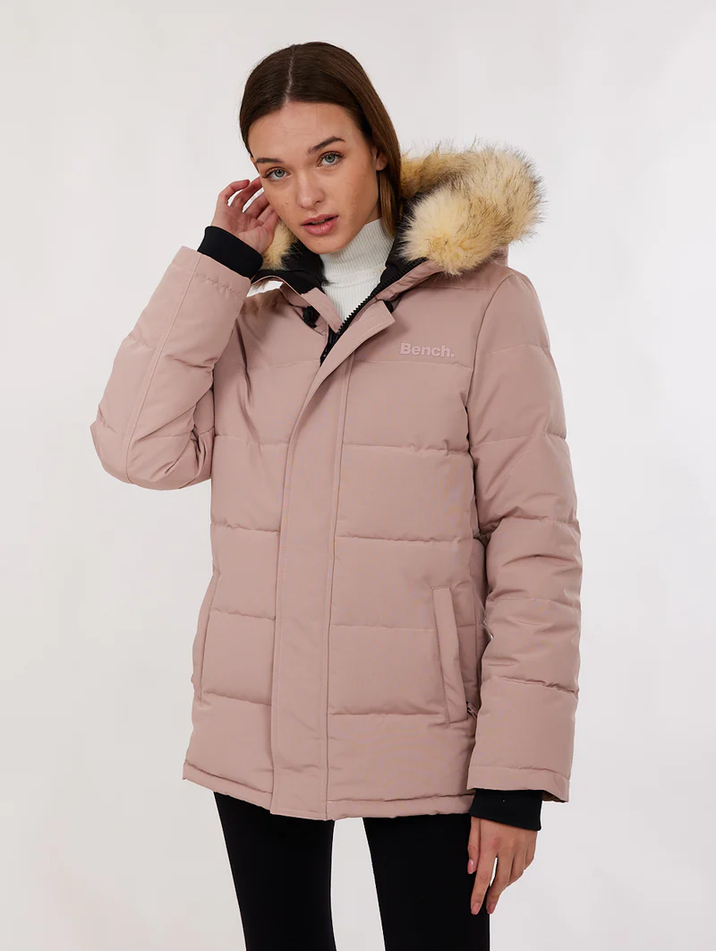 Front view of the Bench Eco-Friendly Jacket with recycled polyester and faux fur hood - Pink Color