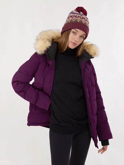 Front view of the Bench Eco-Friendly Jacket with recycled polyester and faux fur hood - Purple Color 