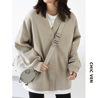 Korean Autumn Winter Women’s Sports Coat - Thick Warm V-neck Sweatshirt in casual, loose fit design for office and casual wear