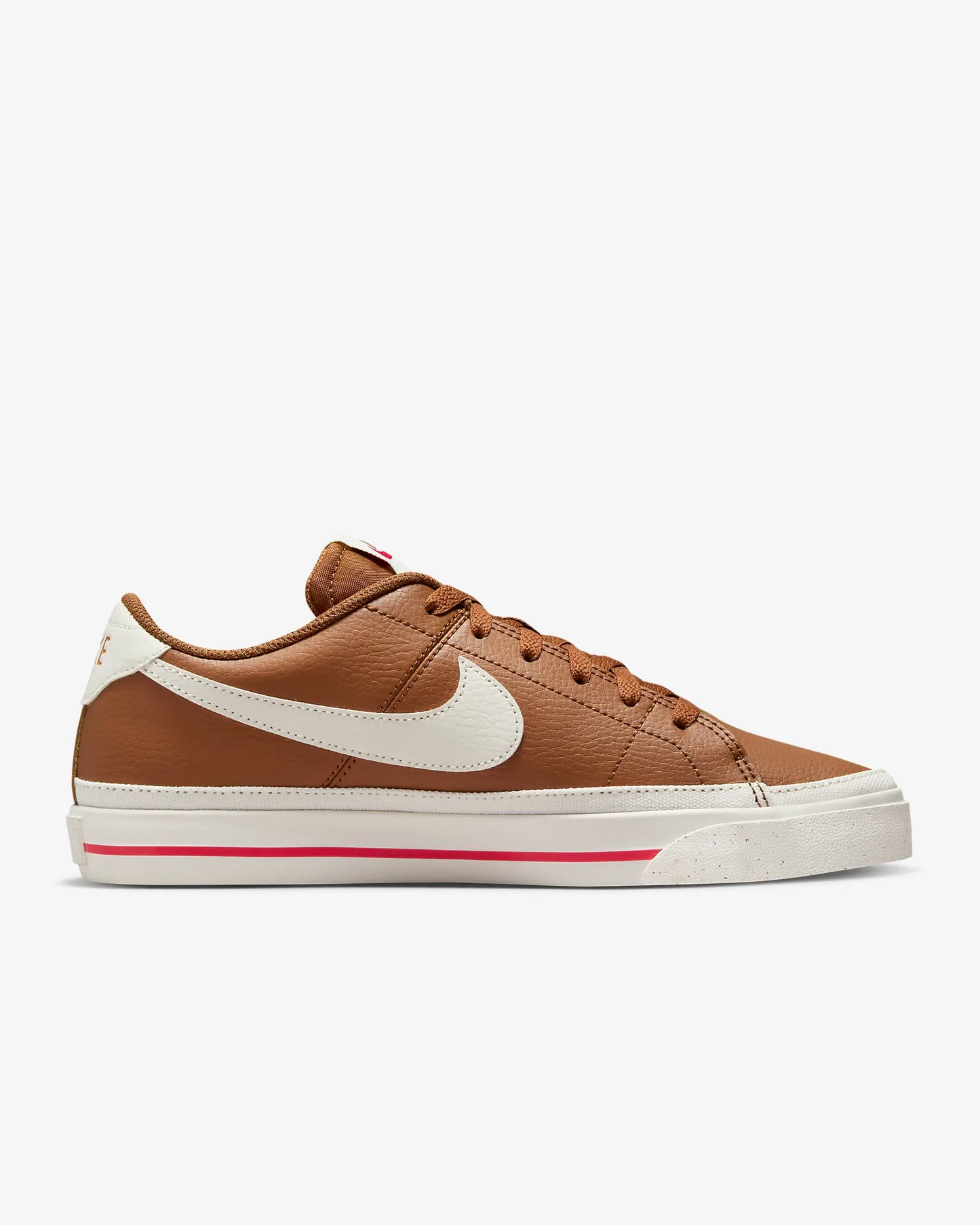 Nike Court Legacy Next Nature sneakers in Light British Tan with Fire Red and Sail accents. Side view.