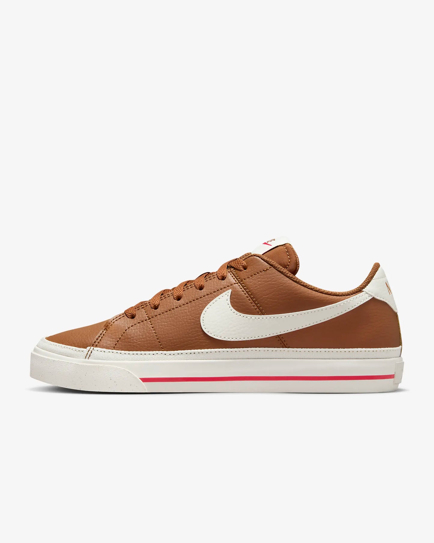 Nike Court Legacy Next Nature sneakers in Light British Tan with Fire Red and Sail accents. Side view. 