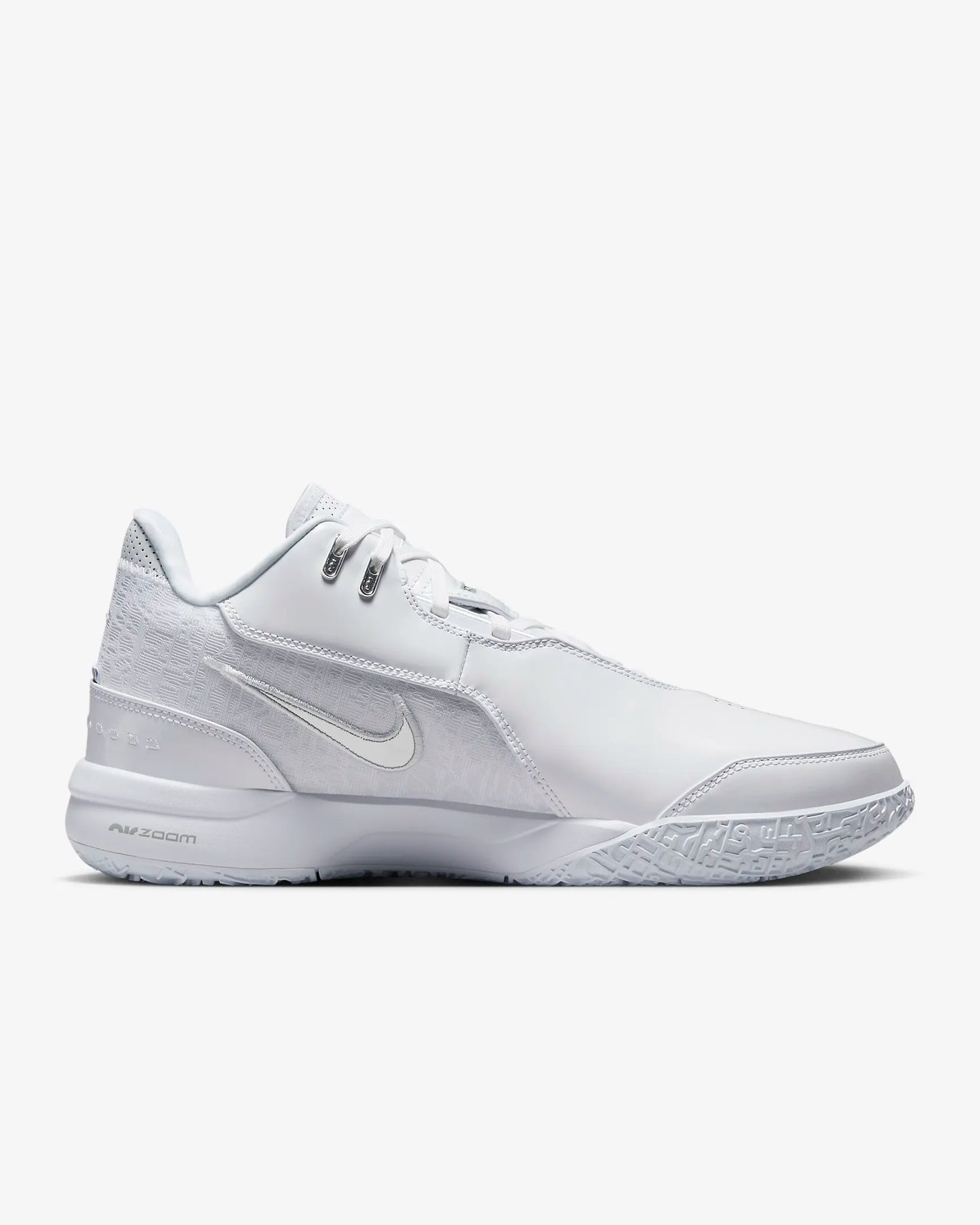 Side profile of LeBron NXXT Gen shoes with multidirectional traction inspired by Akron map - White color.