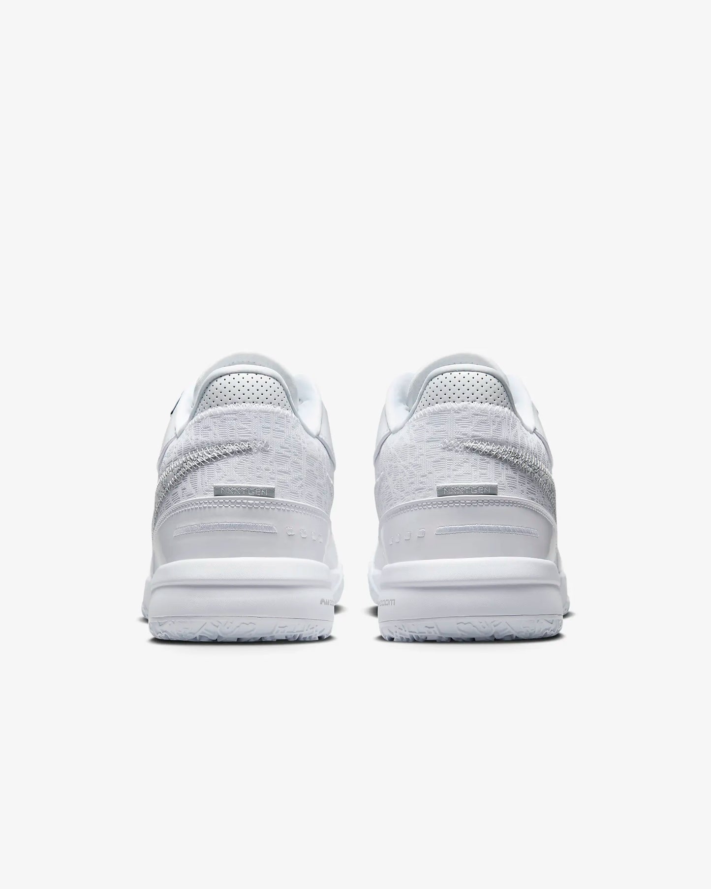 Side profile of LeBron NXXT Gen shoes with multidirectional traction inspired by Akron map. White color. Back view.