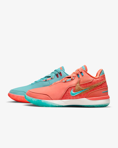 Side profile of LeBron NXXT Gen shoes with multidirectional traction inspired by Akron map. Orange color. 