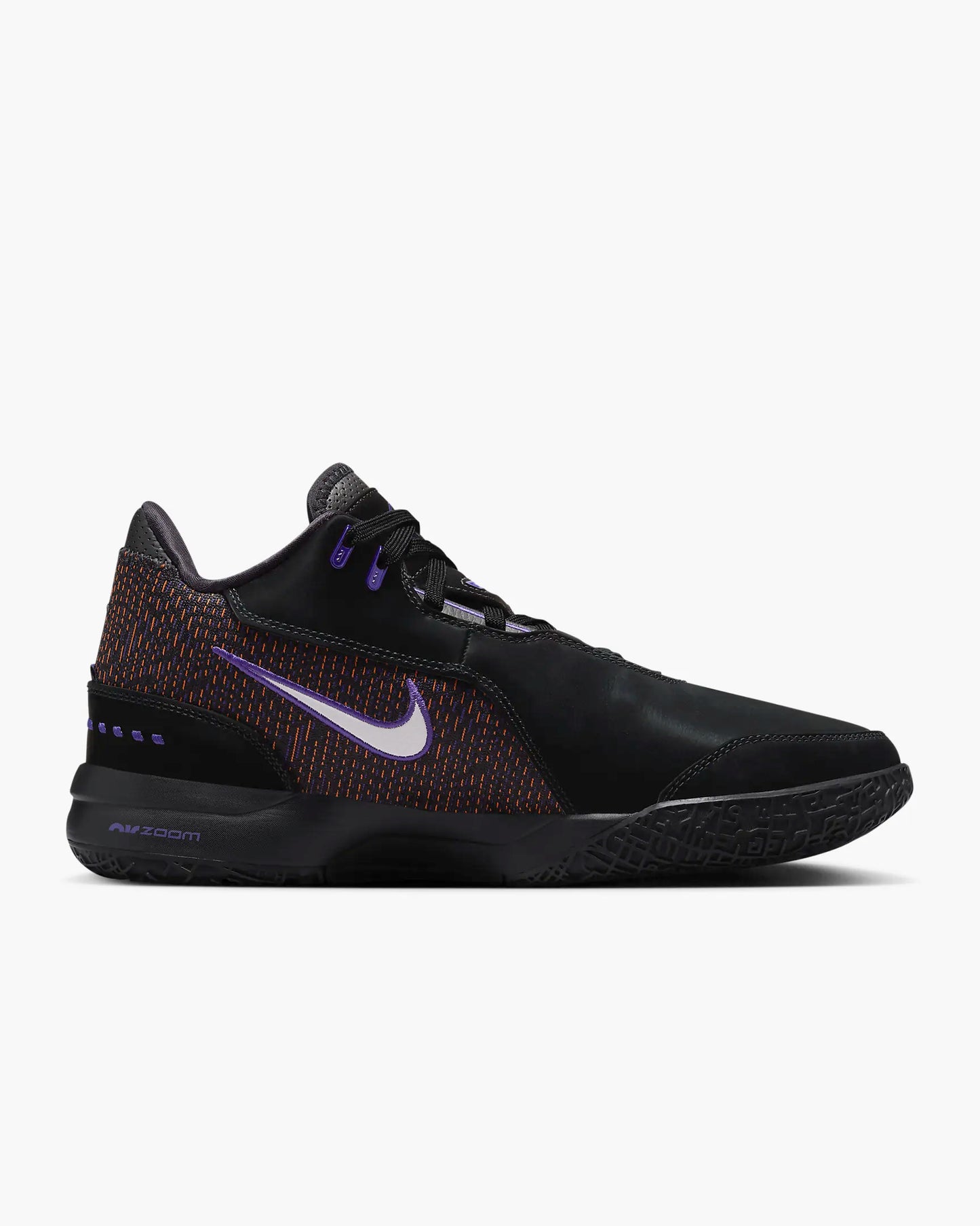 Side profile of LeBron NXXT Gen shoes with multidirectional traction inspired by Akron map. Black color. 