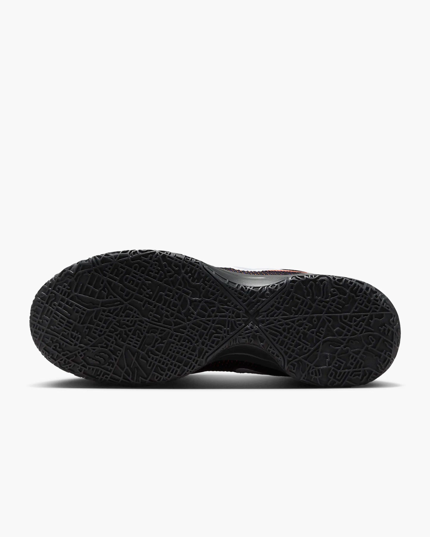 Side profile of LeBron NXXT Gen shoes with multidirectional traction inspired by Akron map. Black color. Bottom view.