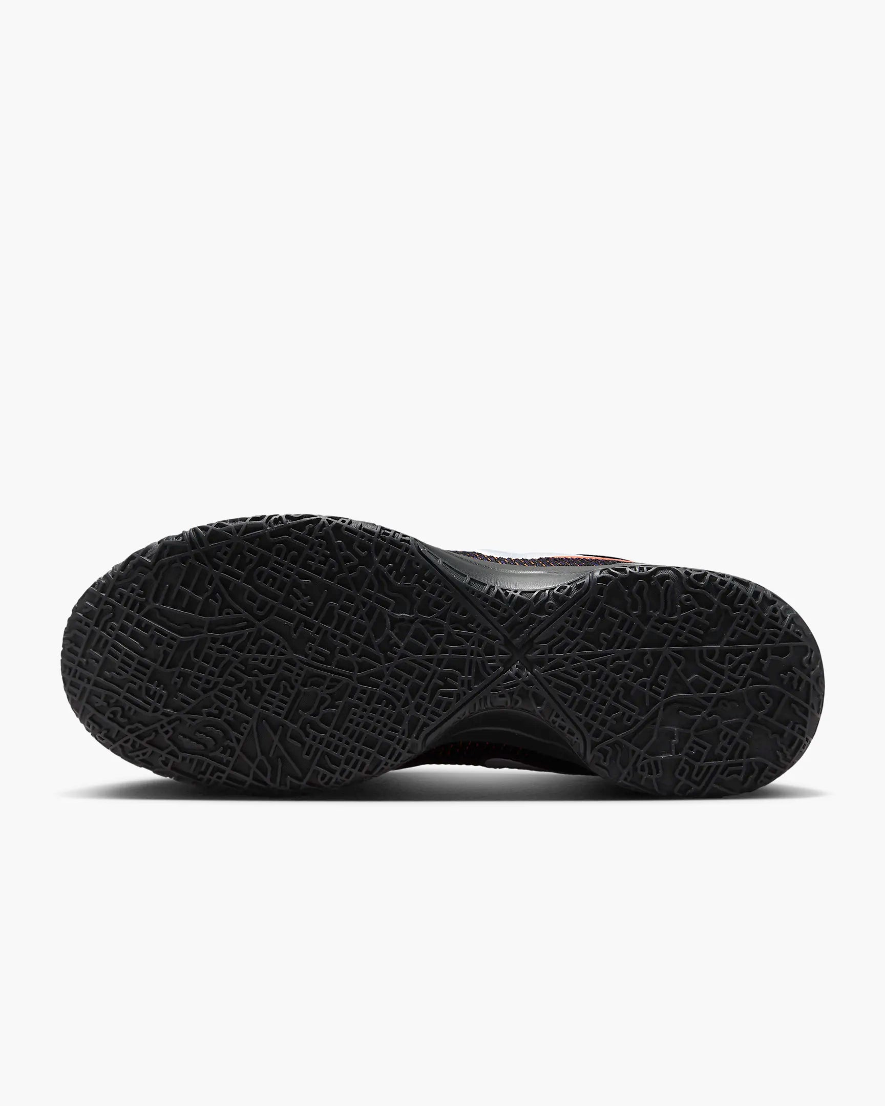 Side profile of LeBron NXXT Gen shoes with multidirectional traction inspired by Akron map. Black color. Bottom view.