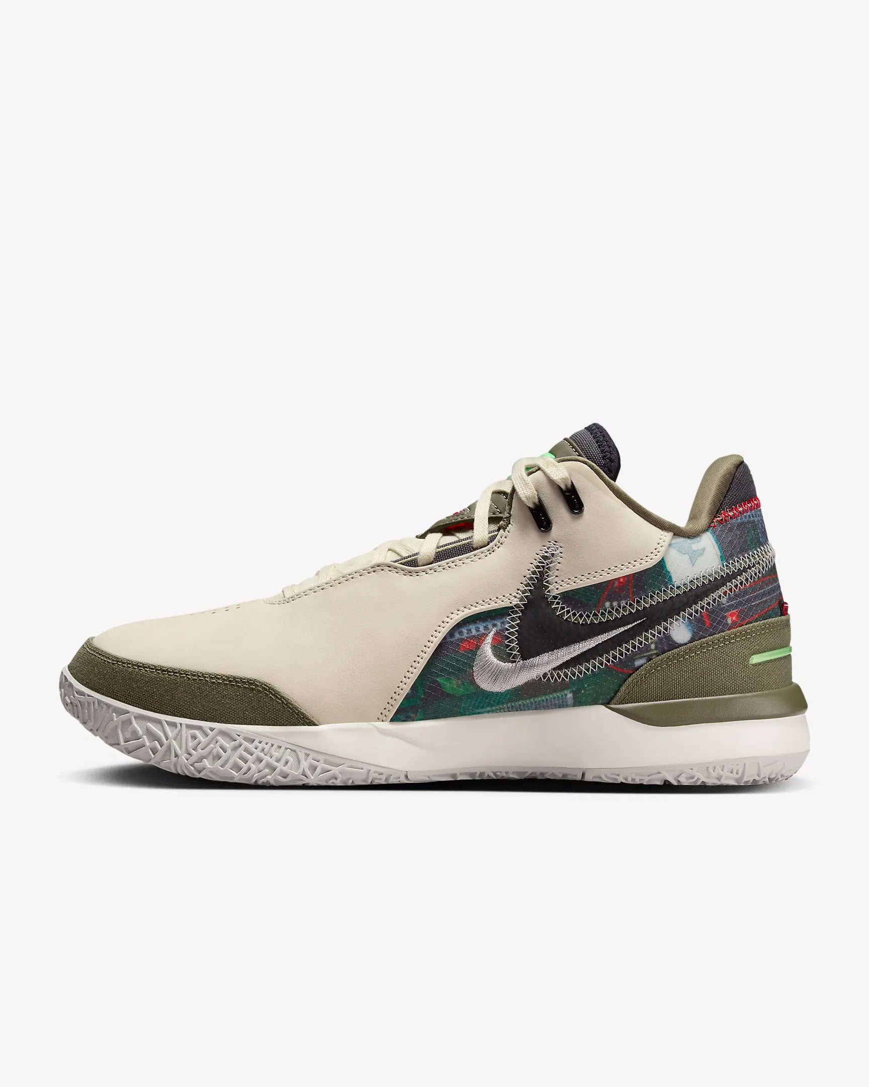 Side profile of LeBron NXXT Gen shoes with multidirectional traction inspired by Akron map