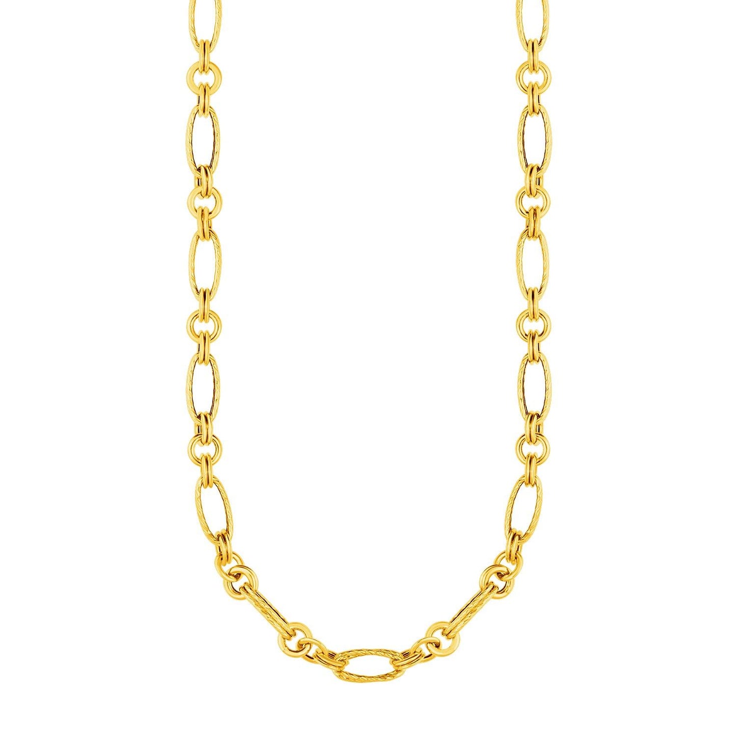Close-up view of a 14K Yellow Gold Fancy Necklace with twisted ovals and circles, 18 inches long, secured with a lobster clasp.