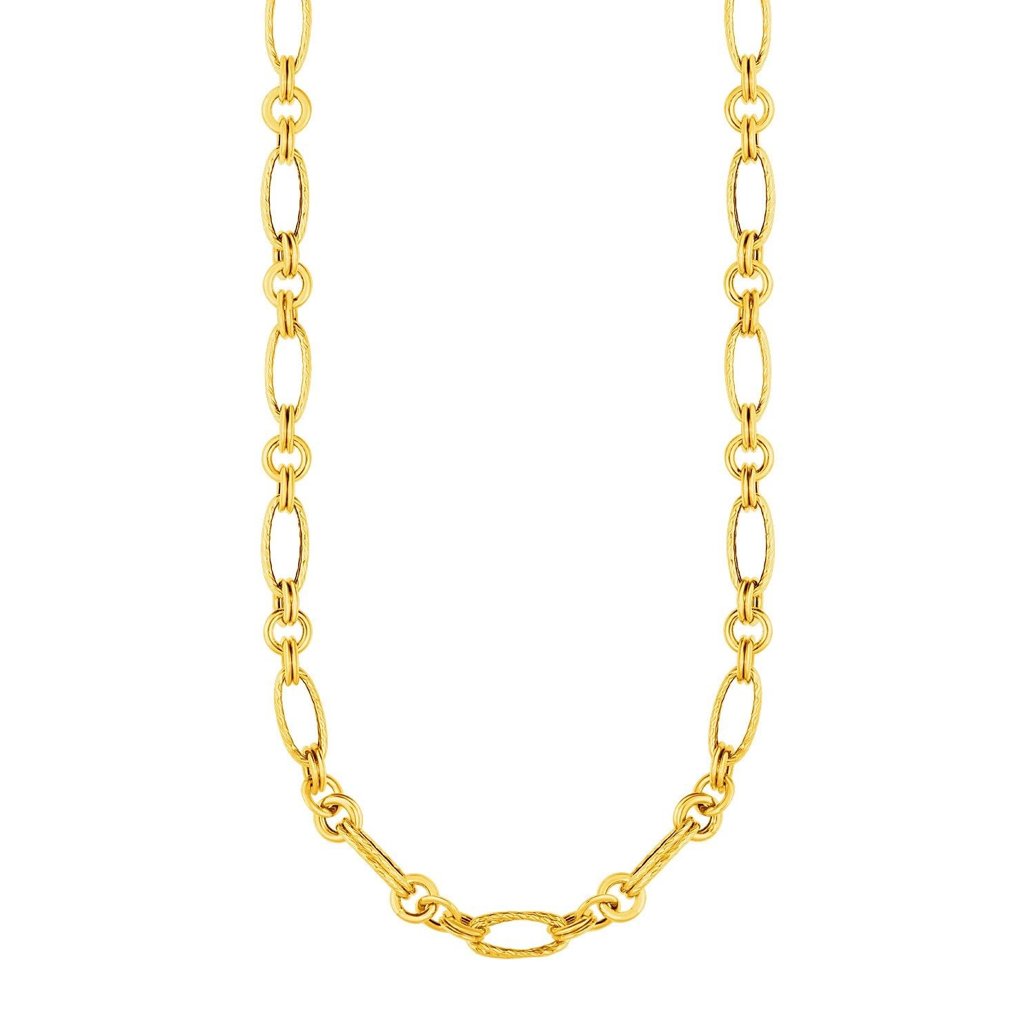 Close-up view of a 14K Yellow Gold Fancy Necklace with twisted ovals and circles, 18 inches long, secured with a lobster clasp.