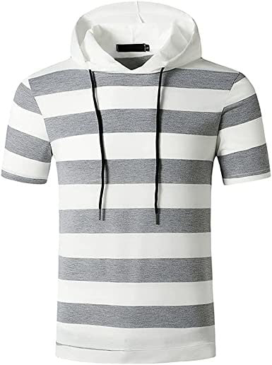 Men's New Muscle T-Shirt Gym Hooded Sports Short Sleeve Striped Slim T-Shirt