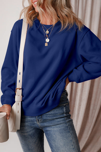 navy drop shoulder sweatshirt on a hanger showcasing soft terry fabric and relaxed fit