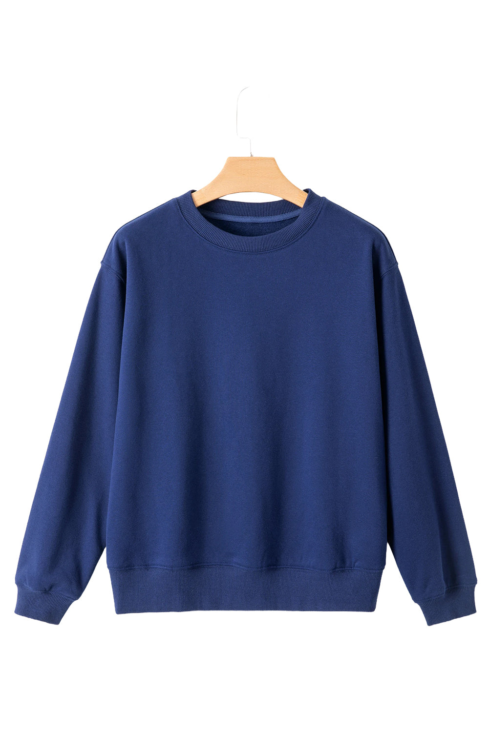 navy drop shoulder sweatshirt on a hanger showcasing soft terry fabric and relaxed fit
