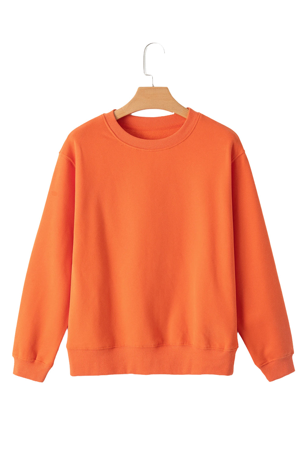 orange drop shoulder sweatshirt on a hanger showcasing soft terry fabric and relaxed fit