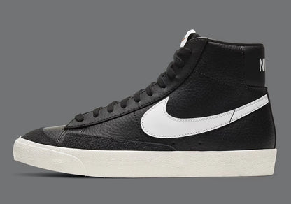 Black high-top sneaker with white swoosh logo on a gray background